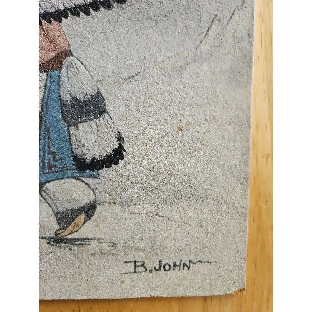 Native American Sand Painting EAGLE‎ DANCER Signed B. John OUTSIDER ART 14X11 - Picture 3 of 11